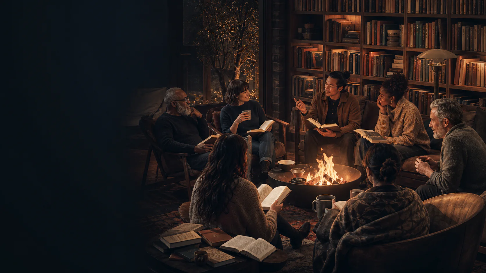 Book enthusiasts sharing reading recommendations around a fire-lit library hearth